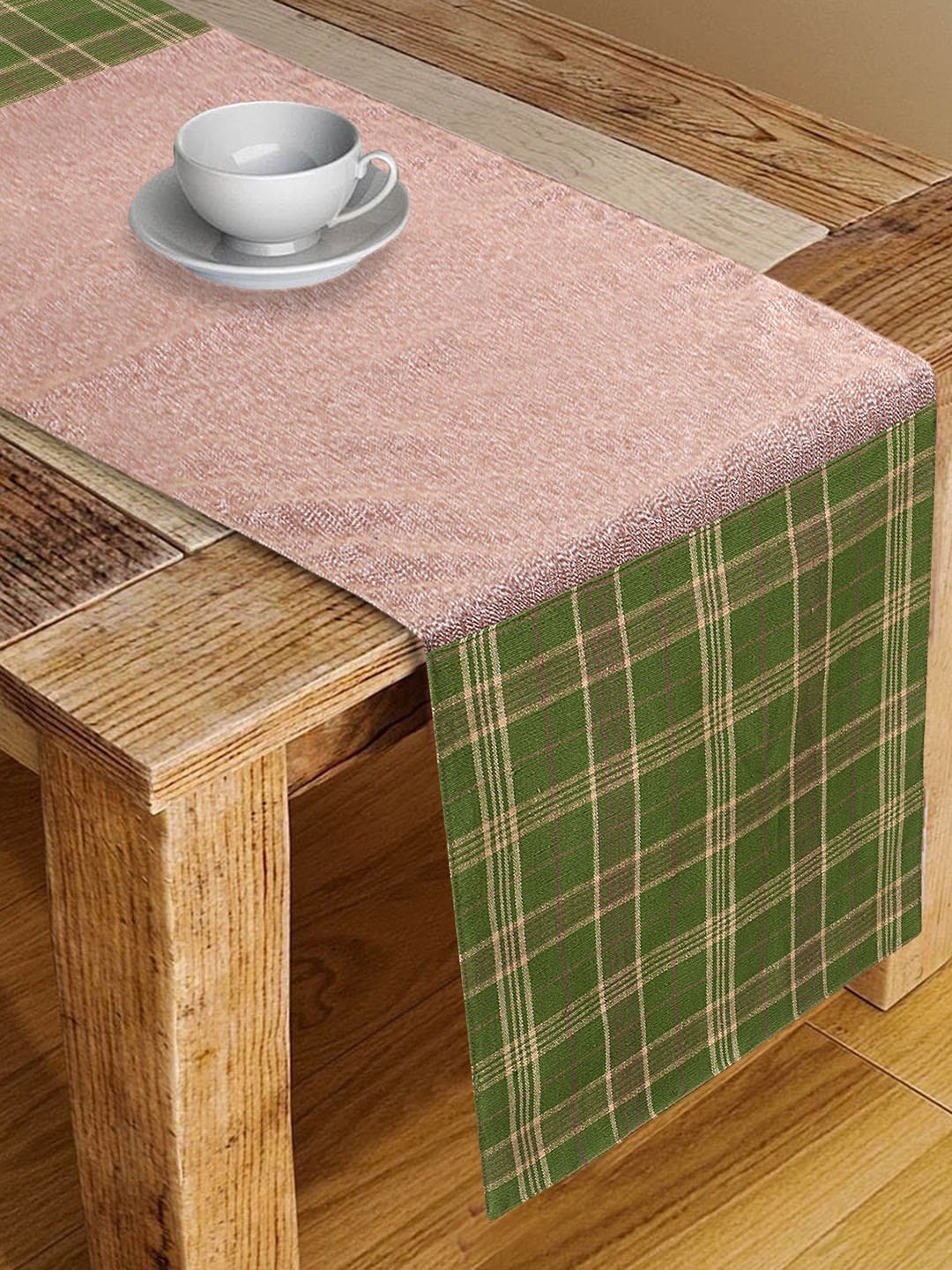 Mezposh Green & Brown Checked 6 Seater Table Runner Price in India
