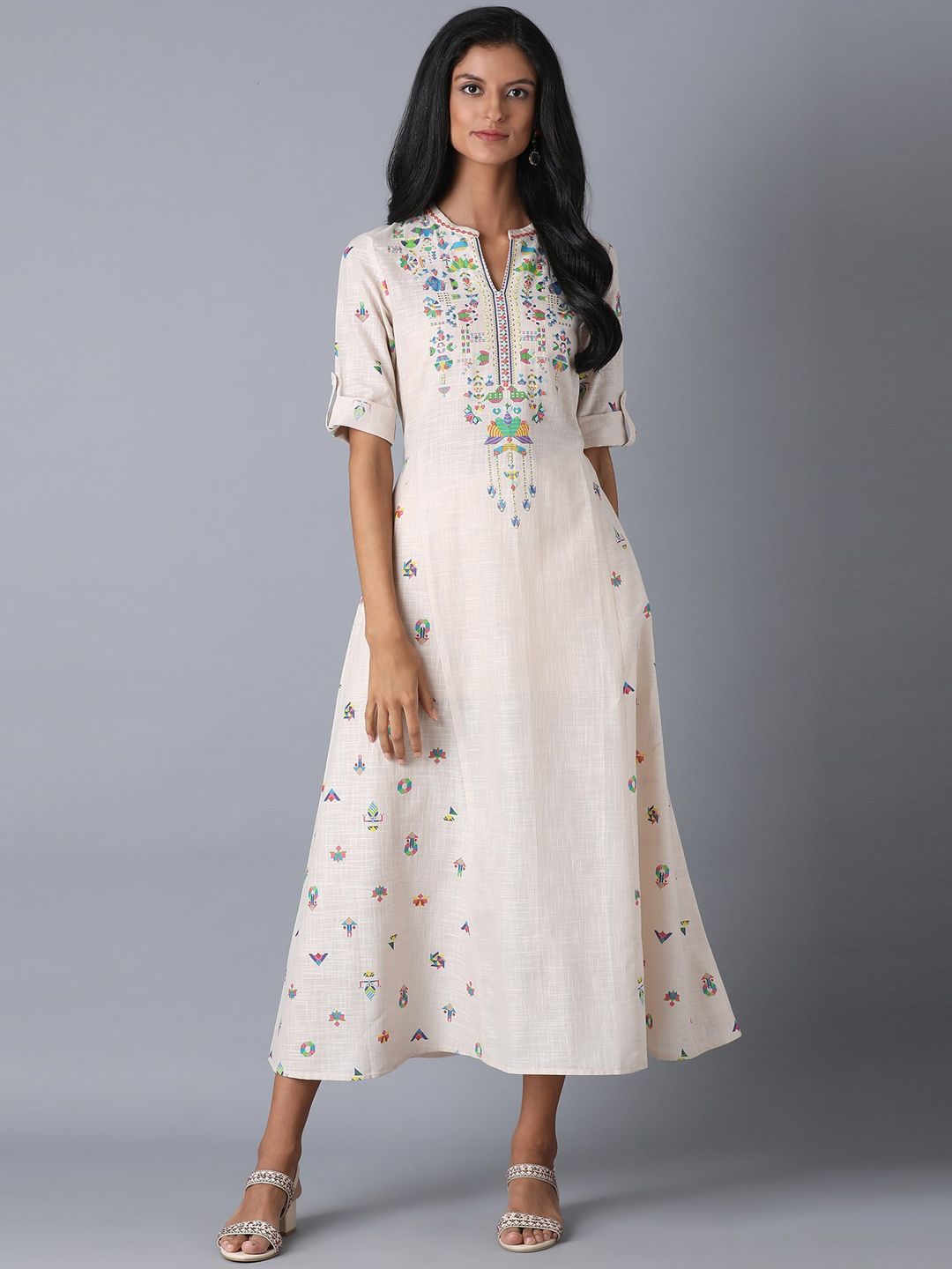 W Women Cream-Coloured Embroidered Cotton Fit and Flare Dress