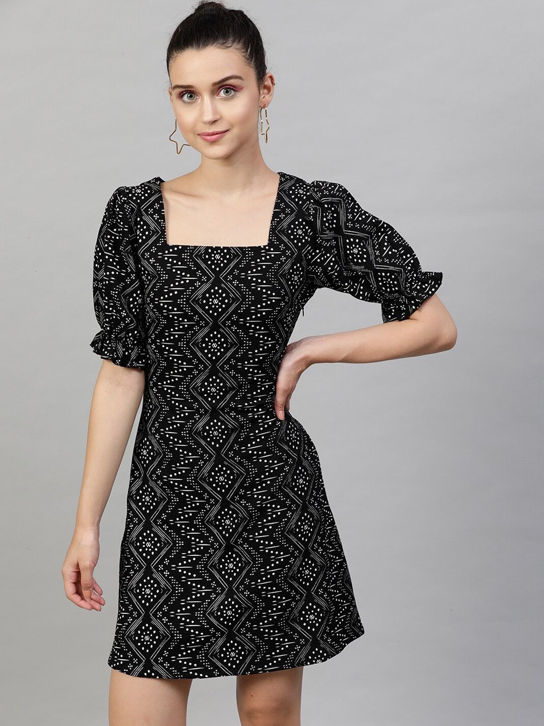STREET 9 Women Black Printed A-Line Dress Price in India