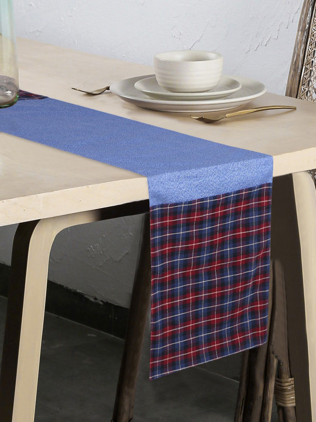 Mezposh Red & Blue Checked 6 Seater Table Runner Price in India