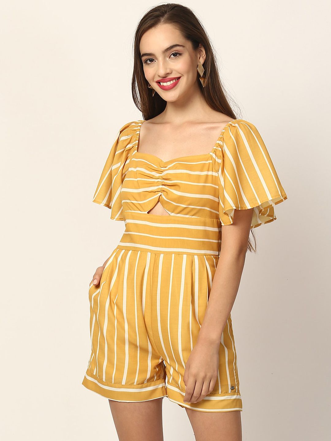 ELLE Women Mustard Yellow & White Striped Playsuit Price in India