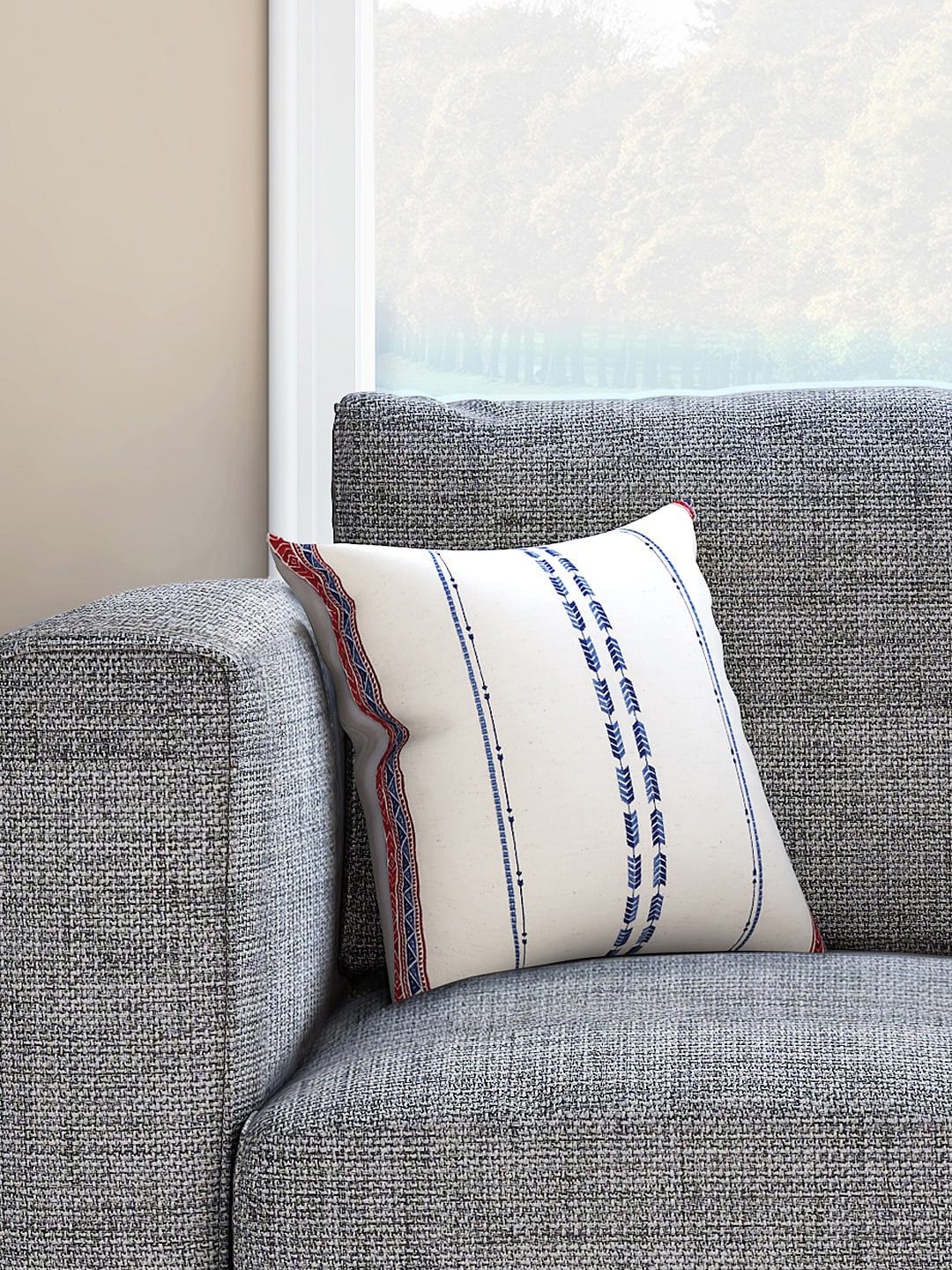 Living scapes by Pantaloons Off-White & Blue Single Embroidered Square Cushion Cover Price in India