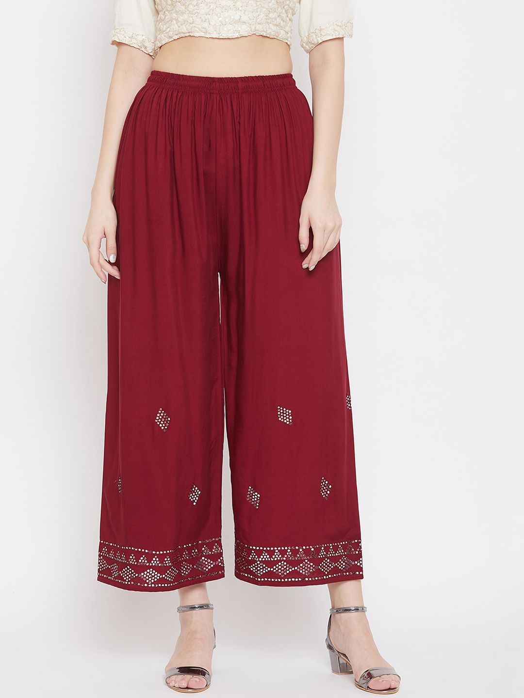 Clora Creation Women Maroon Embellished Wide Leg Palazzos Price in India