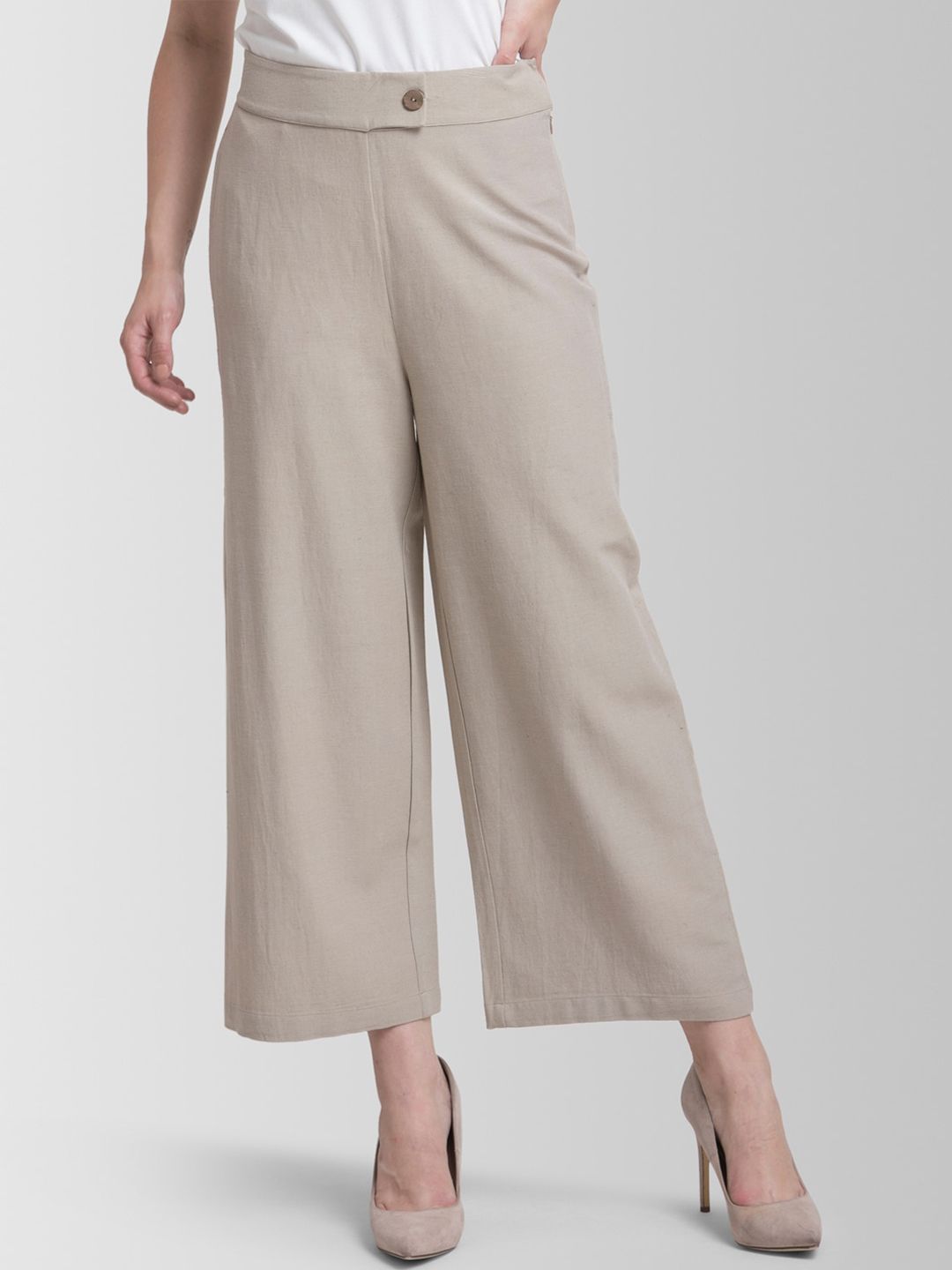 FableStreet Women Beige Flared Solid Parallel Trousers Price in India