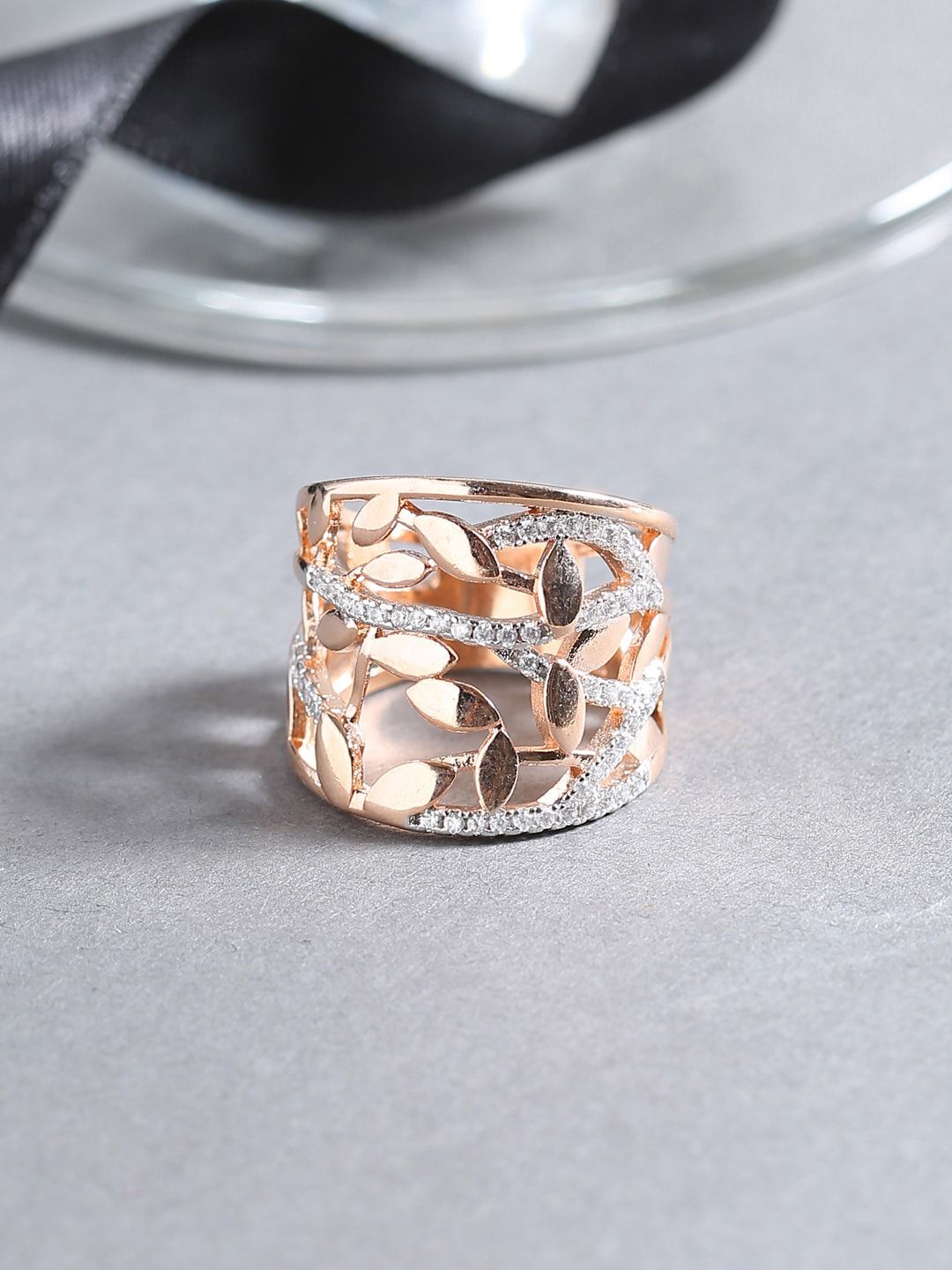 Voylla Rose Gold-Plated White CZ-Studded Finger Ring Price in India