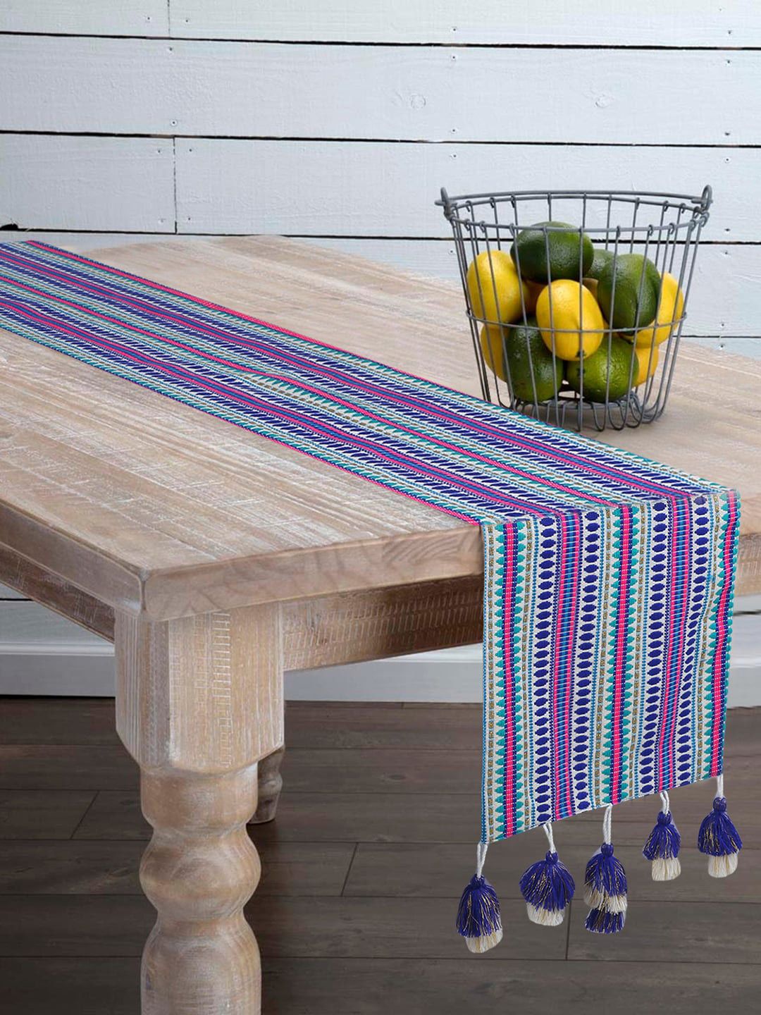 Mezposh Blue & Green Geometric Embroidered 6 Seater Table Runner With Tassels Price in India