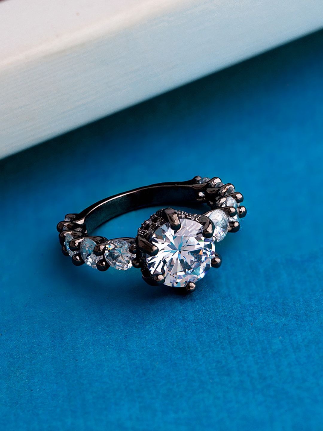 Voylla Rhodium-Plated Black & White CZ-Studded Finger Ring Price in India