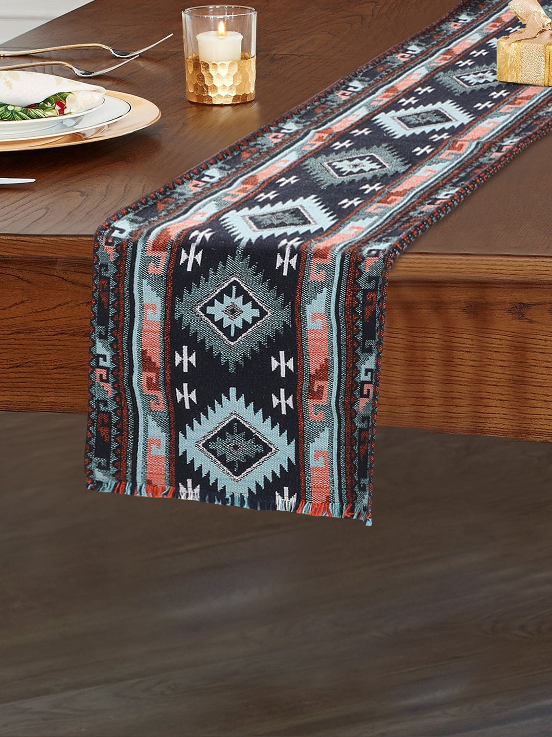 Mezposh Blue & Black Geometric Textured 6 Seater Table Runner Price in India