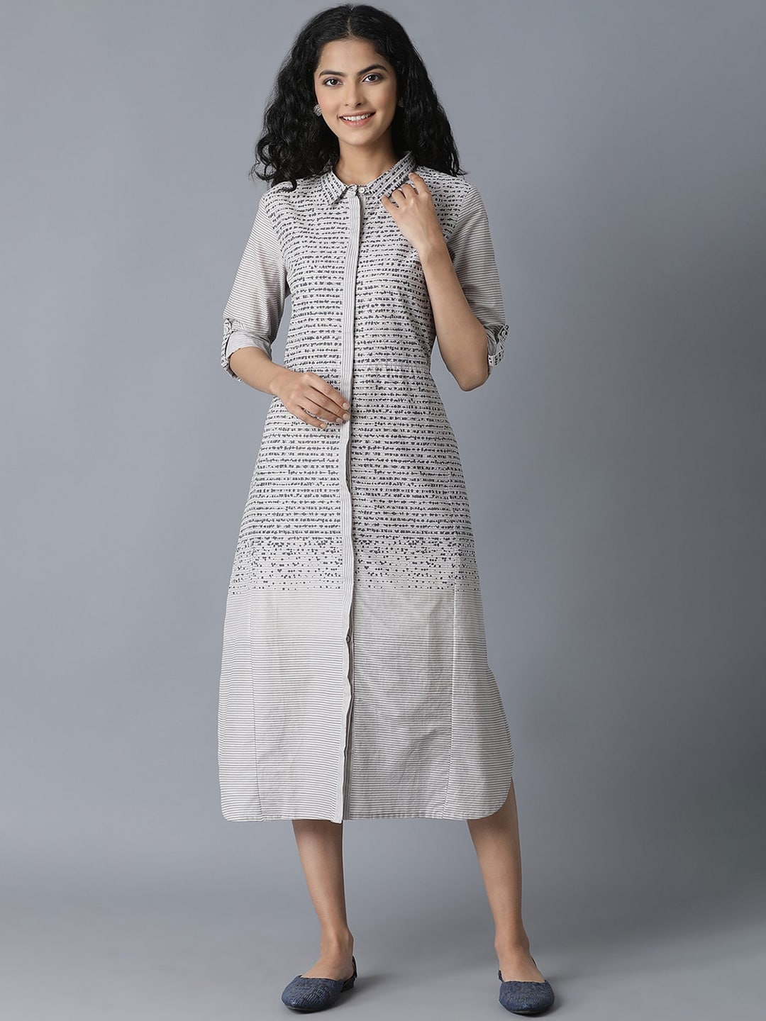 W Women Grey & Black Printed Shirt Dress Price in India