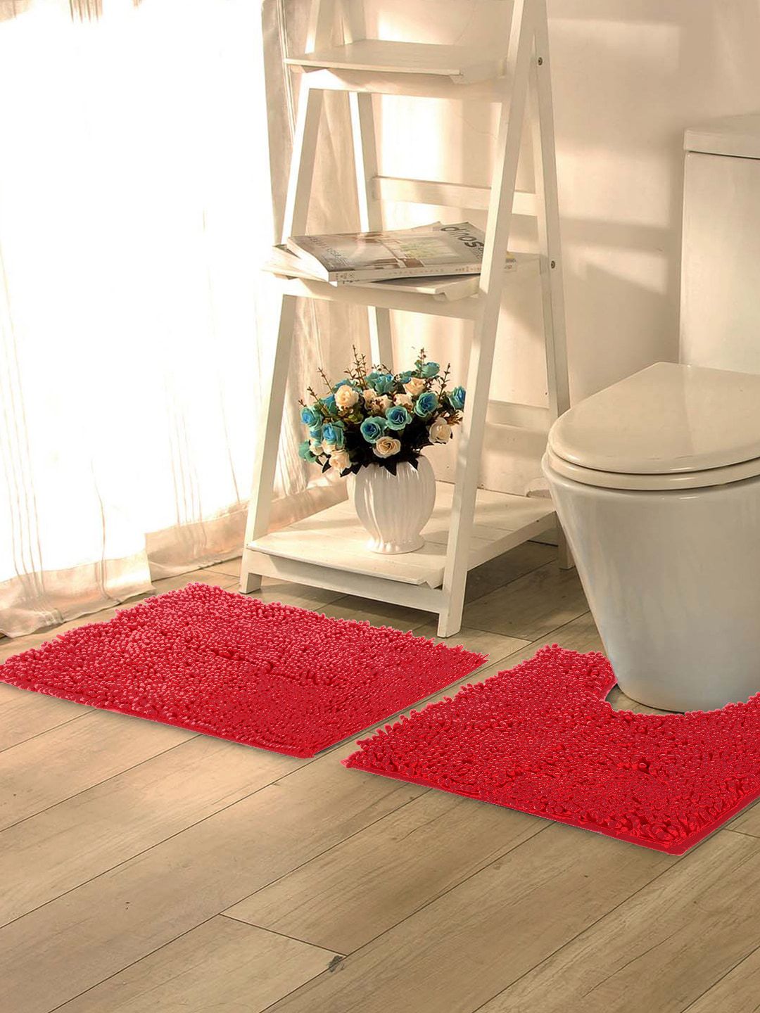 Lushomes Set Of 2 Red Solid 2200 GSM Anti-Slippery Bath Rug & Contour Price in India