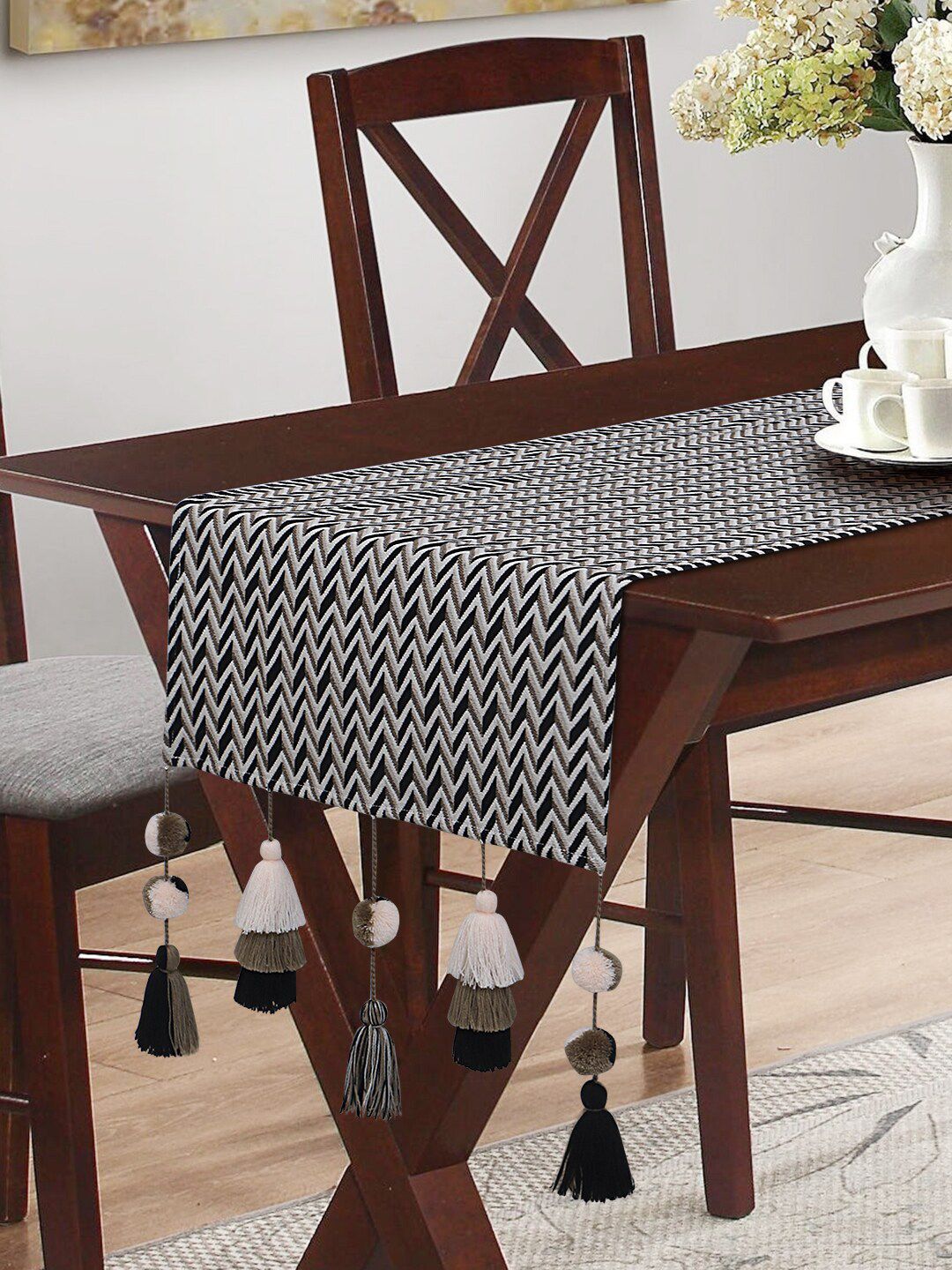 Mezposh Black & Off-White Embroidered 4-Seater Table Runner With Tassels Price in India