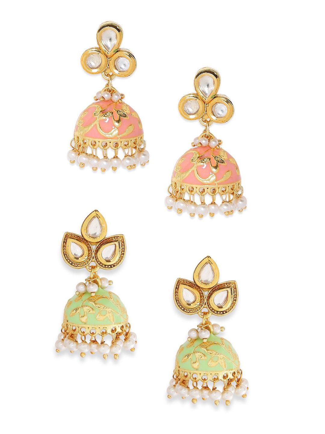 OOMPH Pink & Green Set of 2 Dome Shaped Jhumkas Price in India