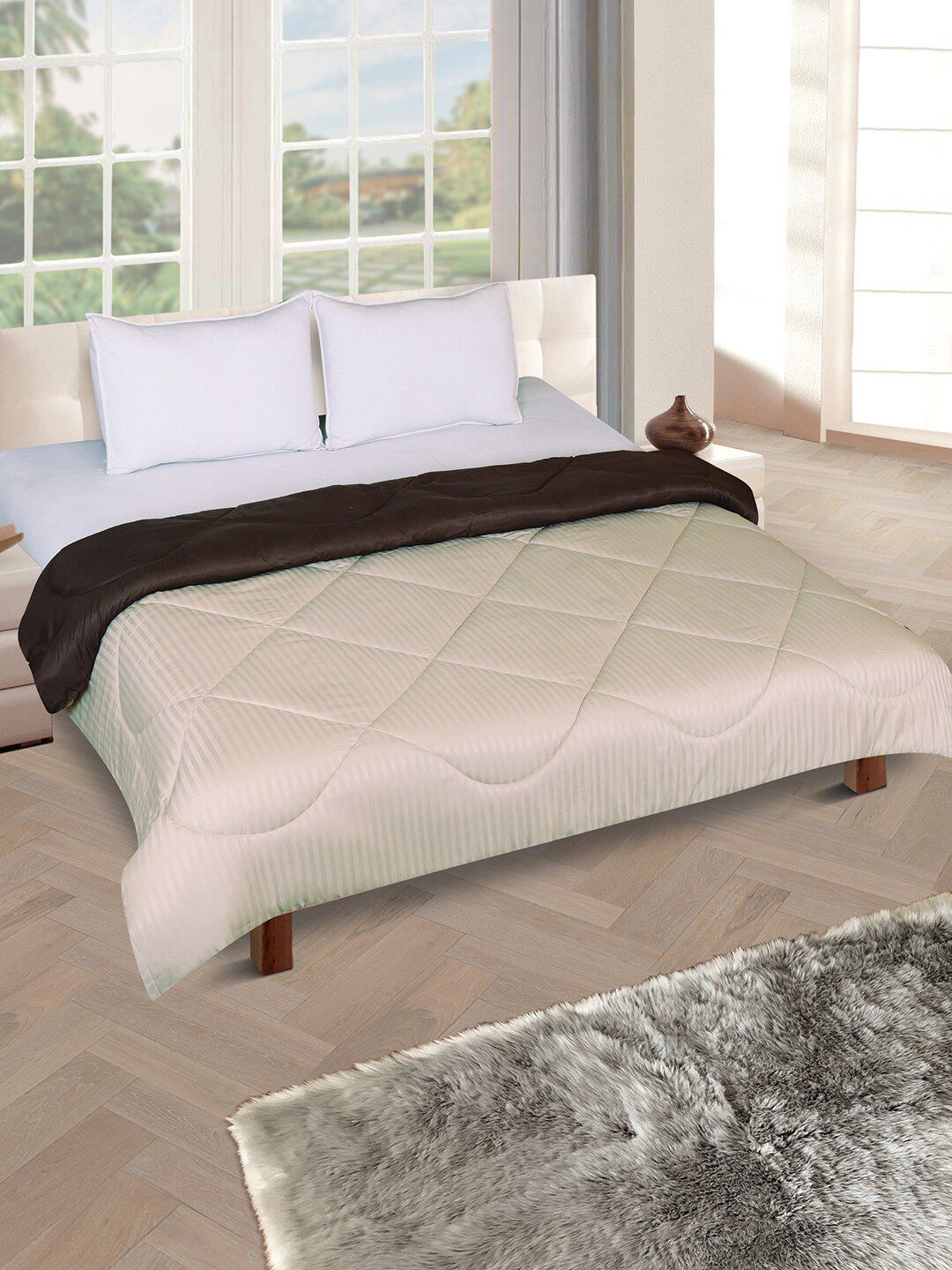 ROMEE Cream-Coloured & Brown Striped AC Room 200 GSM Double Bed Comforter Price in India