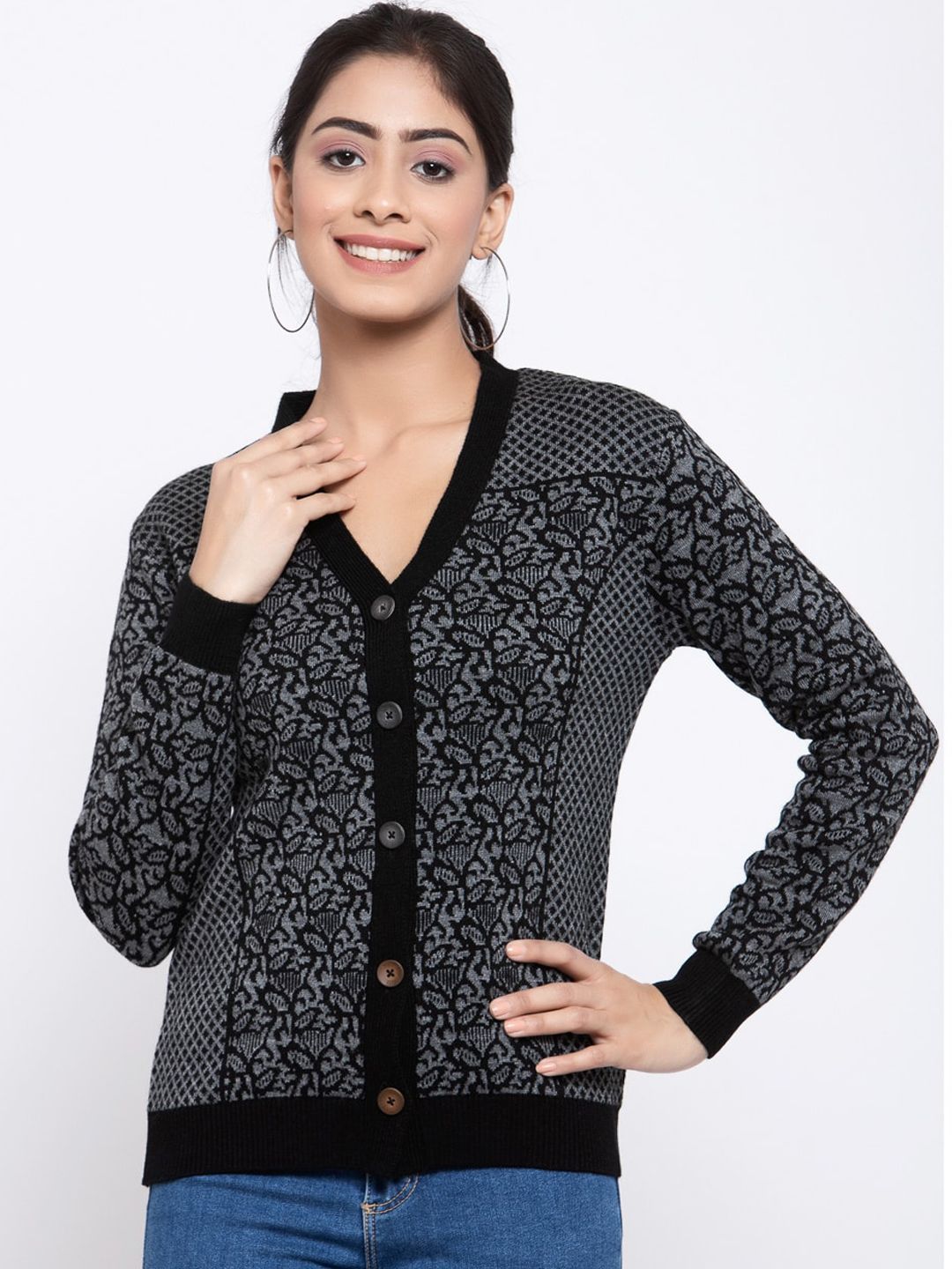 Kalt Women Black Self Design Cardigan Sweater Price in India