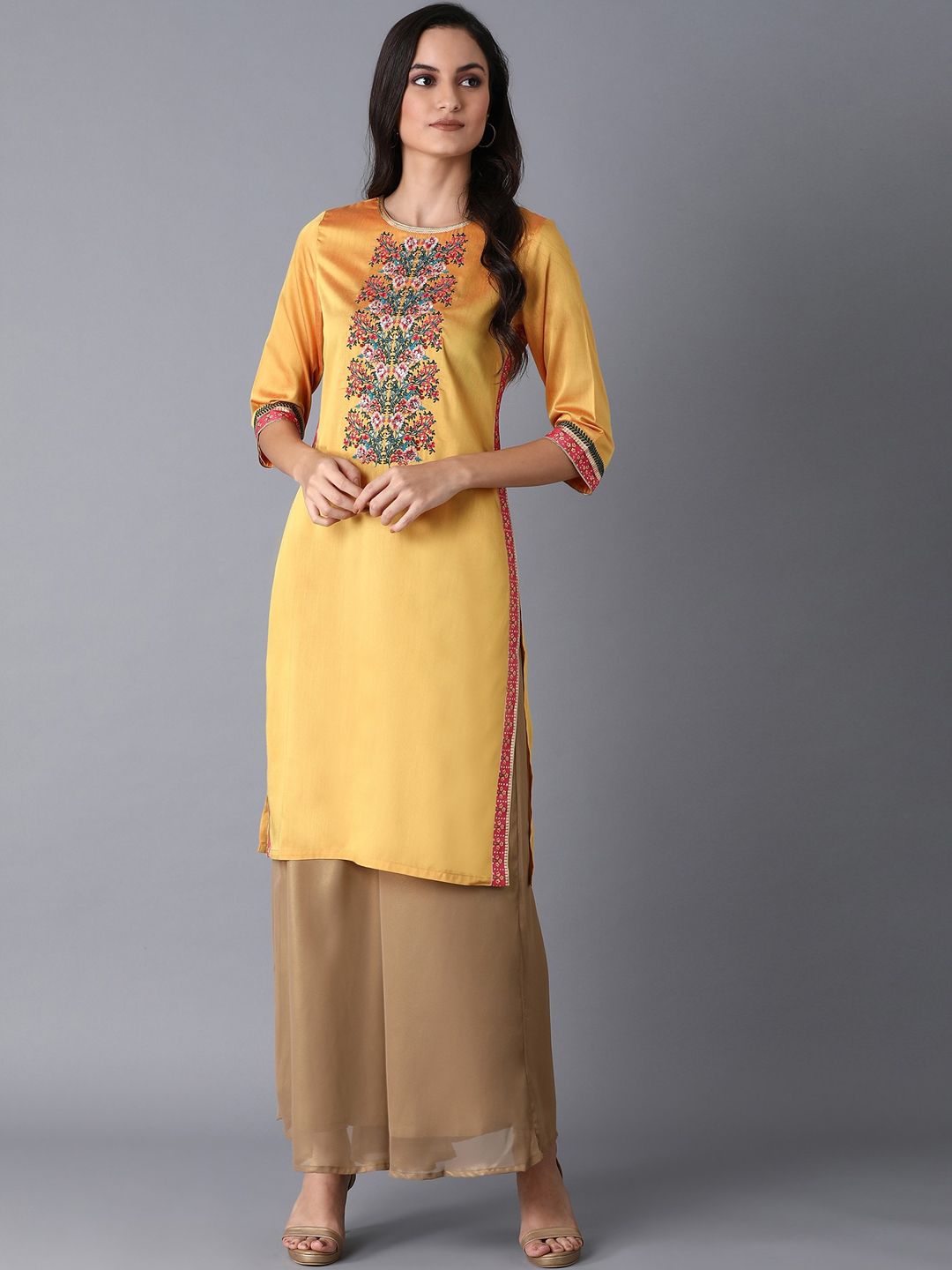 Wishful Women Yellow Embroidered Yoke Design Kurta Price in India
