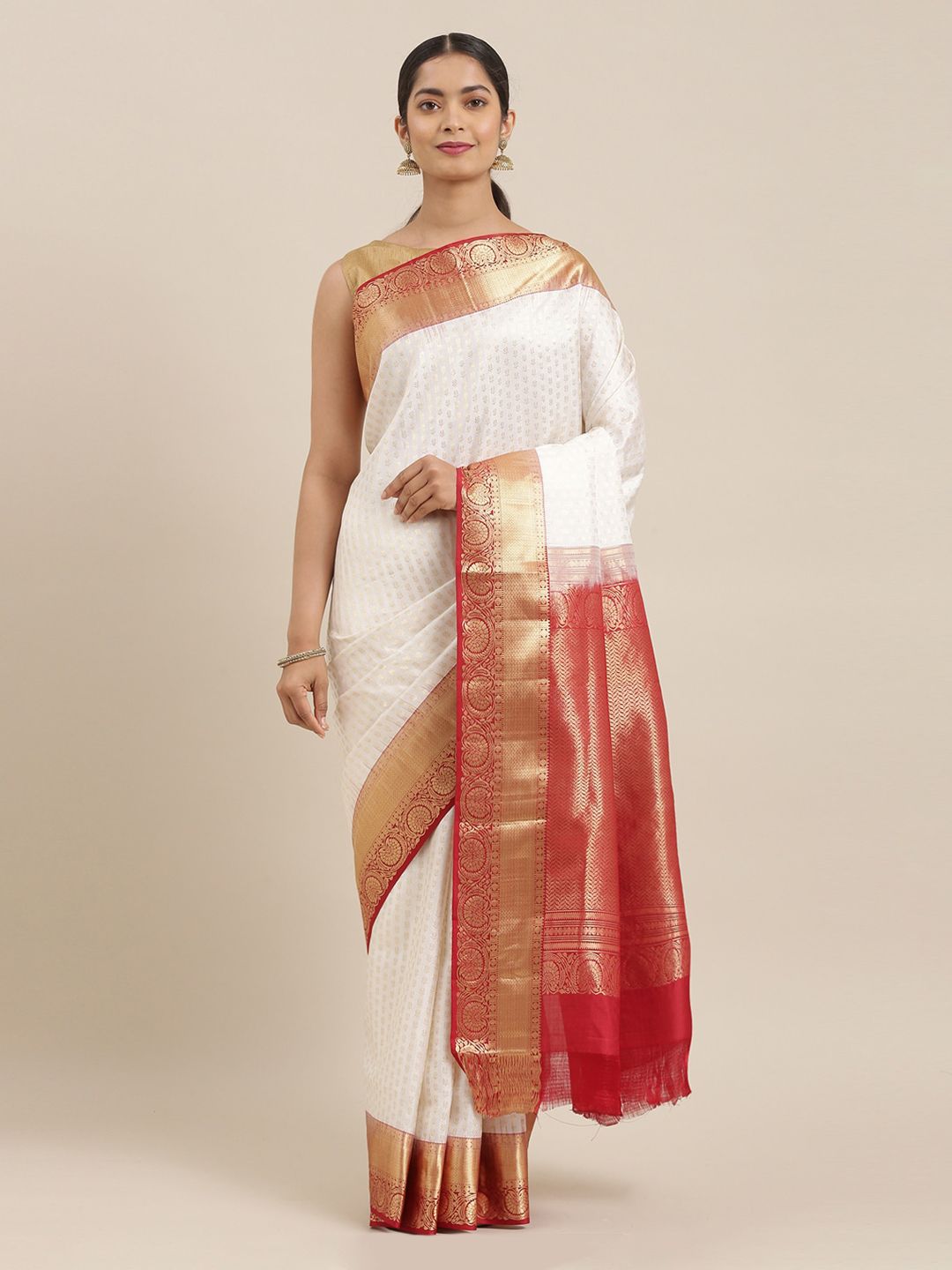 The Chennai Silks Off-White Pure Silk Woven Design Kanjeevaram Saree