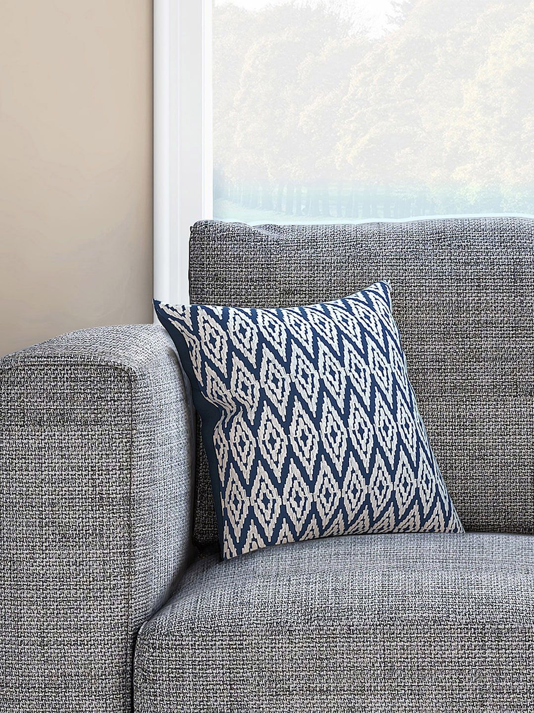 Living scapes by Pantaloons Blue & Off-White Single Embroidered Square Cushion Cover Price in India