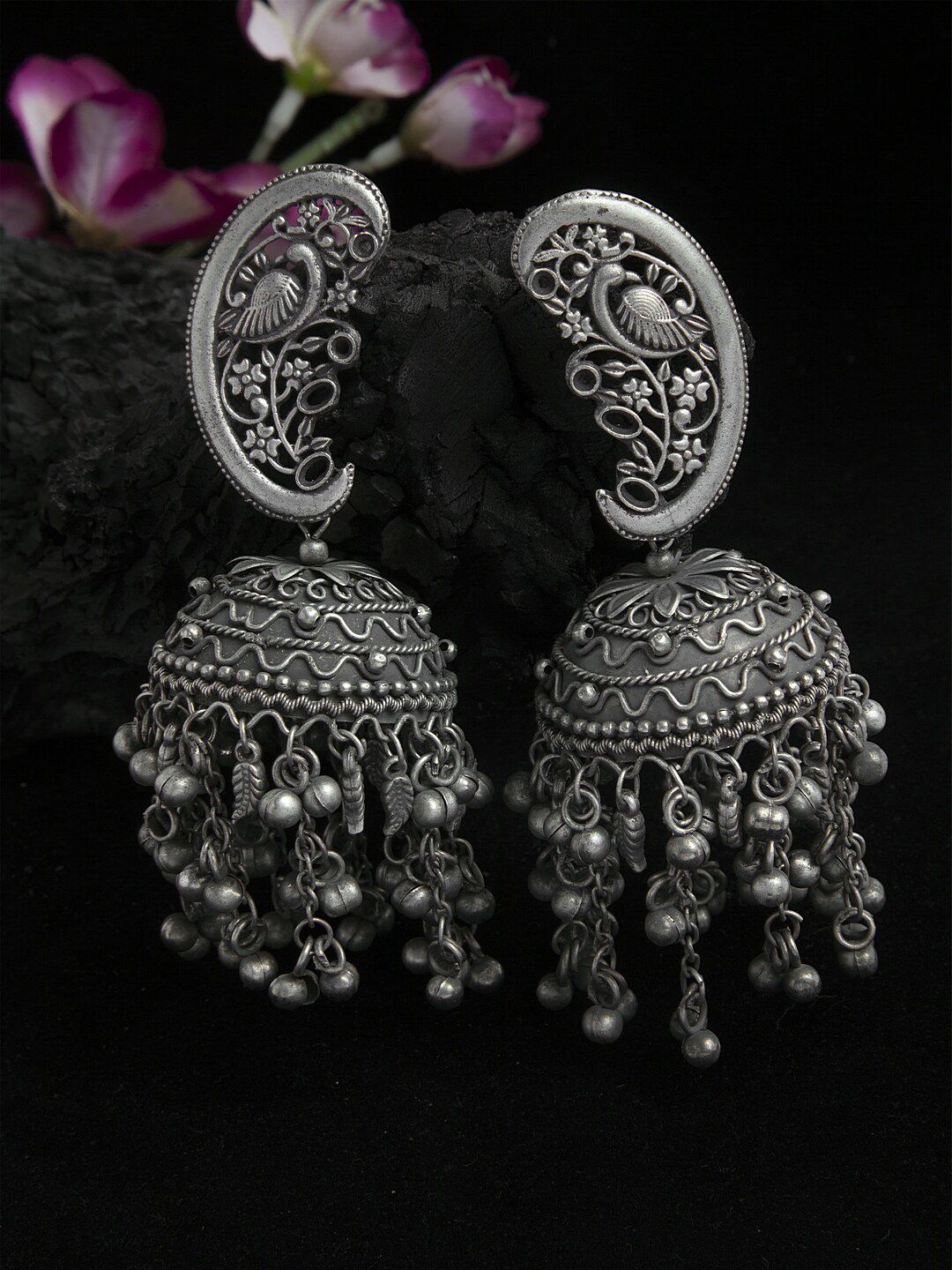 Moedbuille Peacock Shaped Tribal Design Oxidised Silver Plated Handcrafted Chandelier Jhumkas Price in India