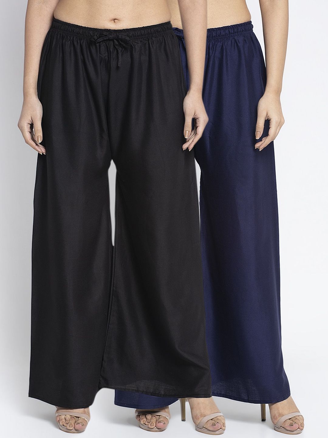 GRACIT Women Black & Navy Blue Solid Wide Leg Palazzos Price in India