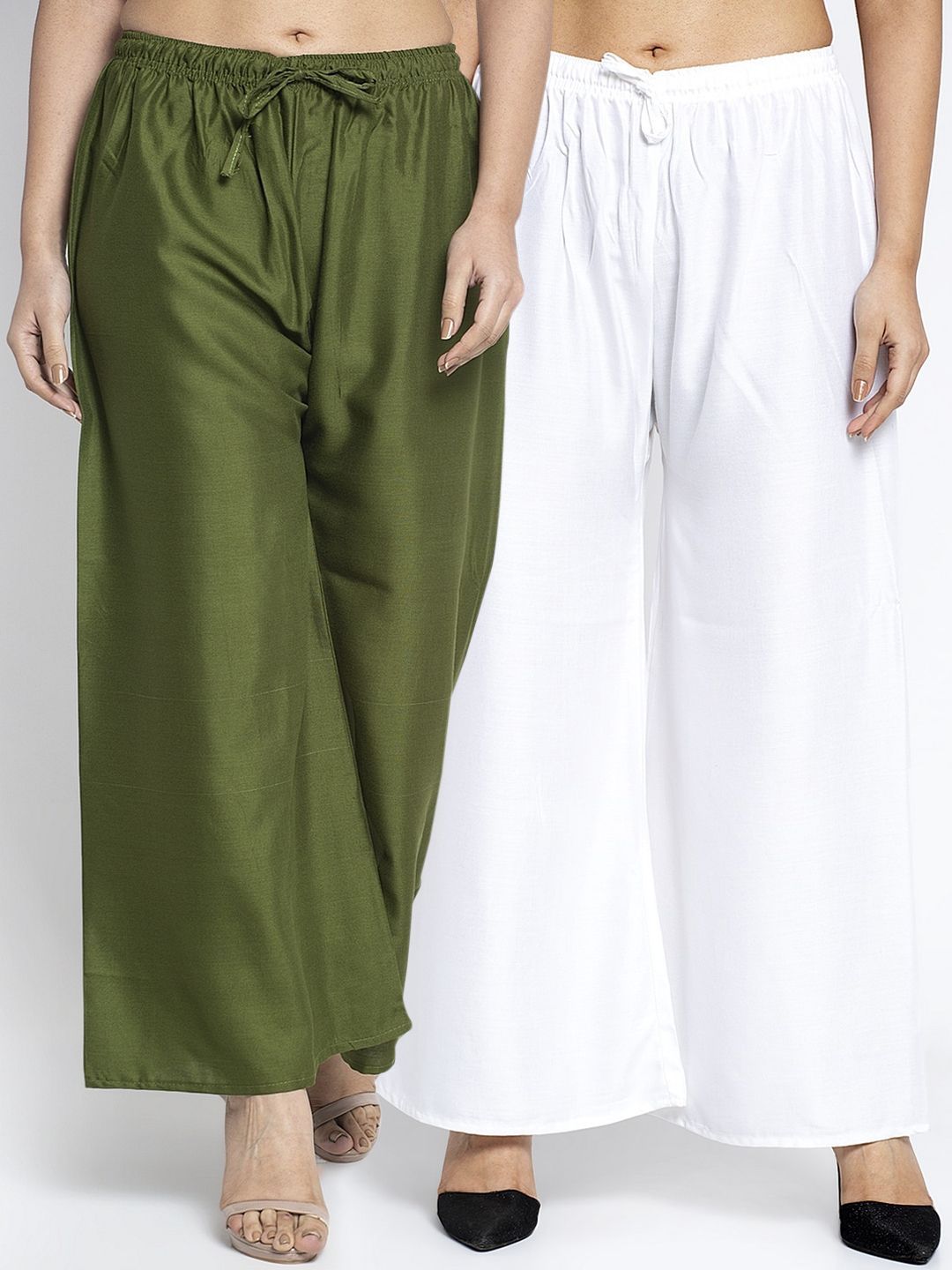 GRACIT Women White & Green Solid Wide Leg Palazzos Price in India