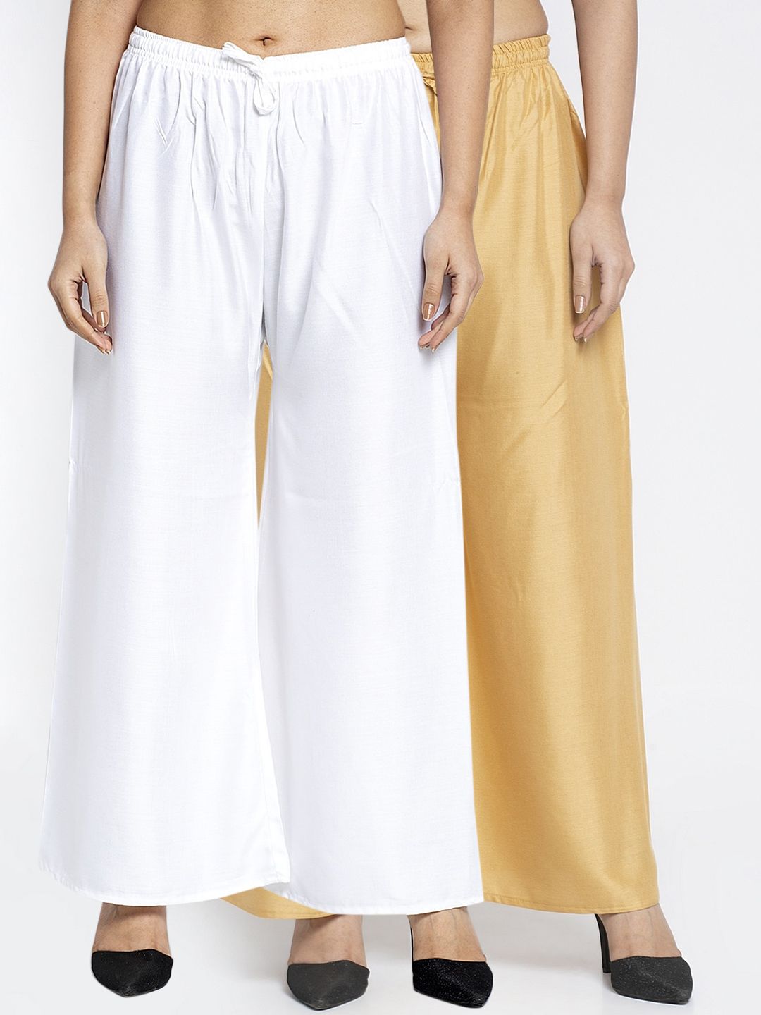 GRACIT Women White & Gold-Toned Solid Flared Palazzos Price in India