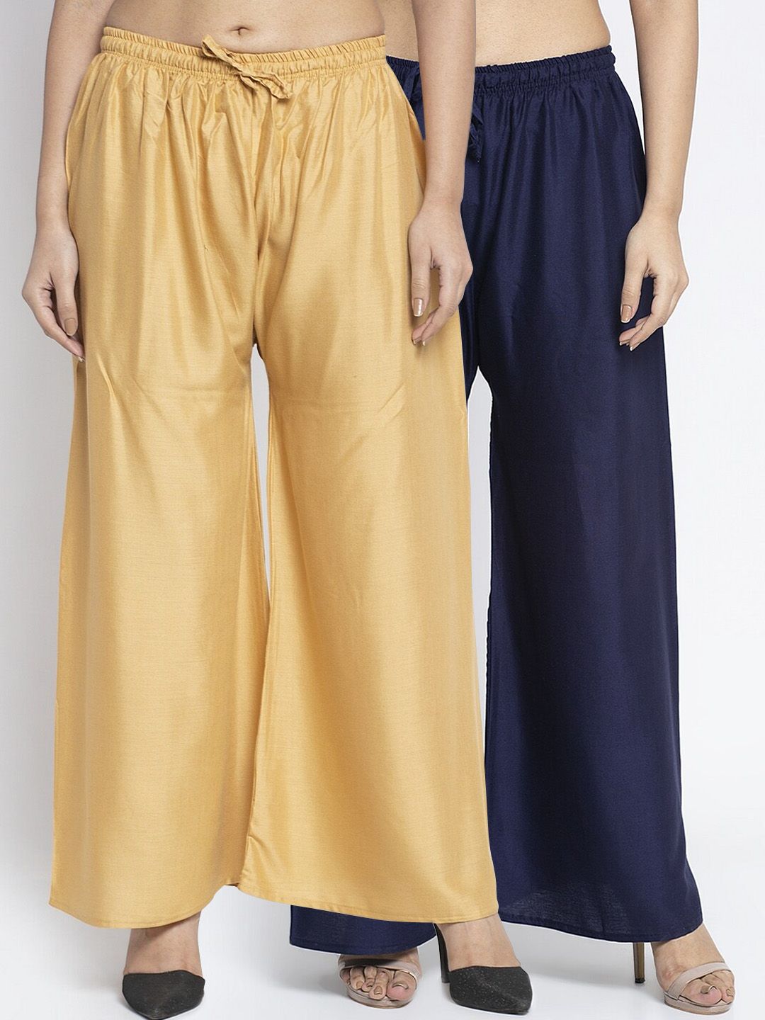 GRACIT Women Gold-Toned & Navy Blue Solid Wide Leg Palazzos Price in India