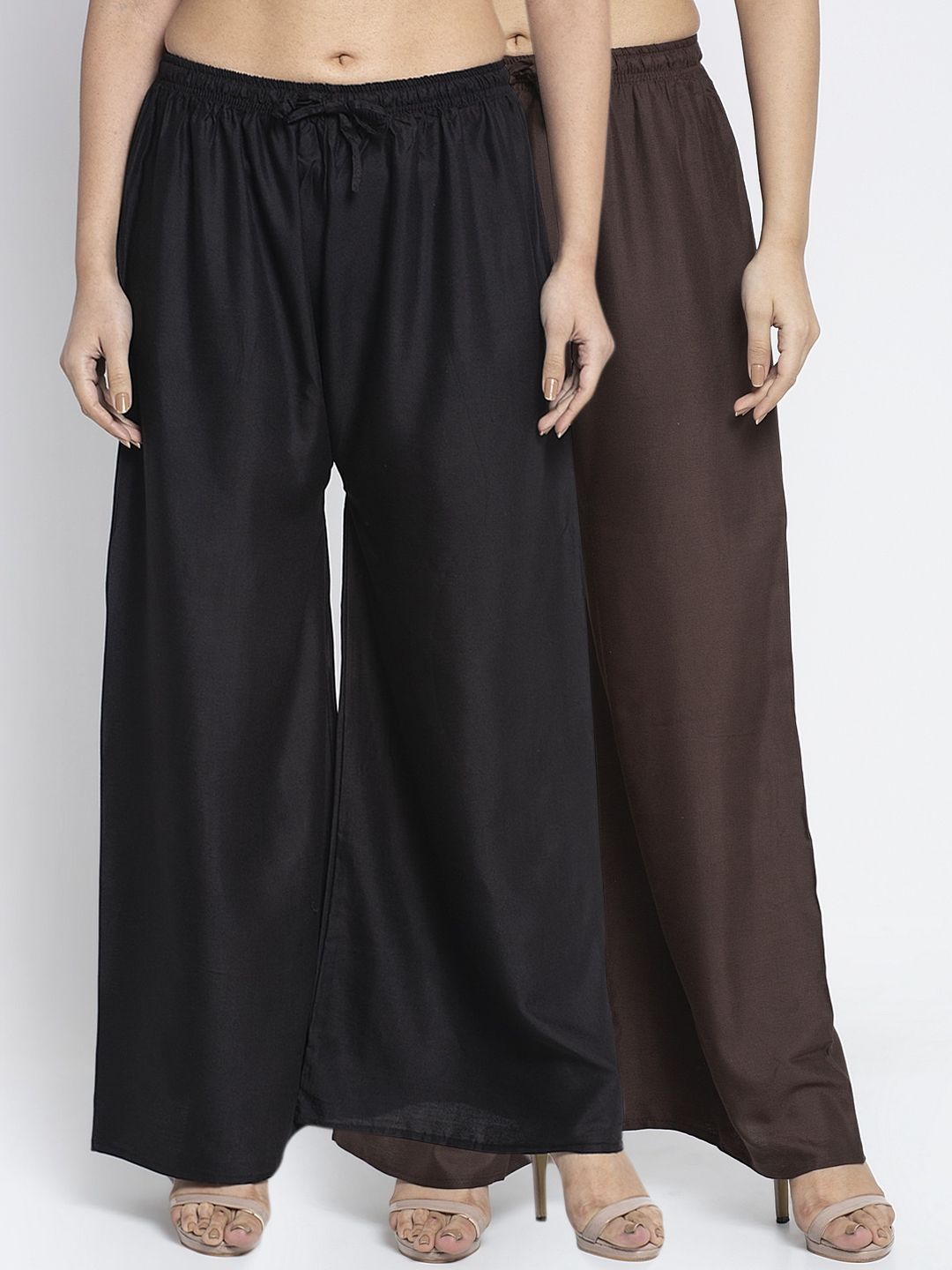 GRACIT Women Pack of 2 Black & Coffee Brown Solid Wide Leg Palazzos Price in India