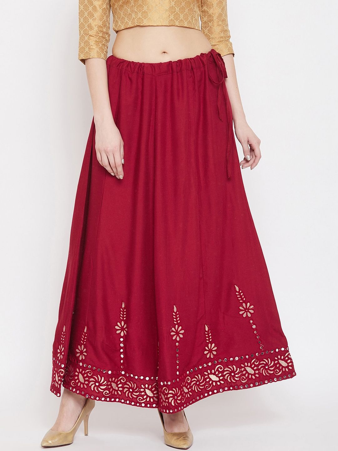 Clora Creation Women Maroon & Silver-Coloured Embellished Flared Maxi Skirt