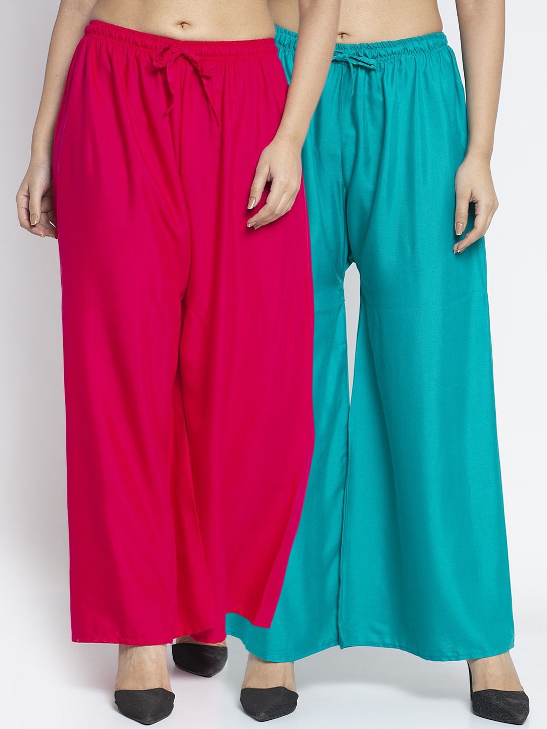 GRACIT Women Pink & Sea Green Set of 2 Solid Flared Palazzos Price in India