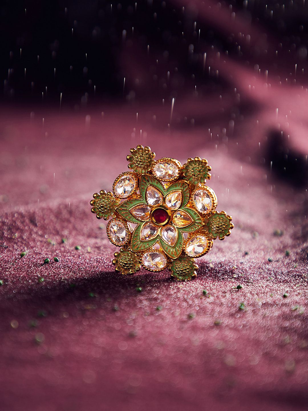PANASH Gold-Plated Pink & Green Kundan-Studded Adjustable Cocktail Finger Ring Price in India