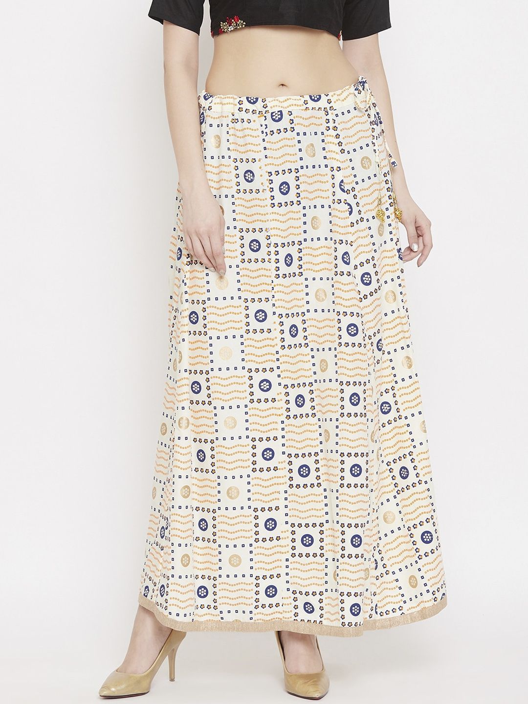 Clora Creation Women Cream-Color & Blue Printed Flared Maxi Skirt