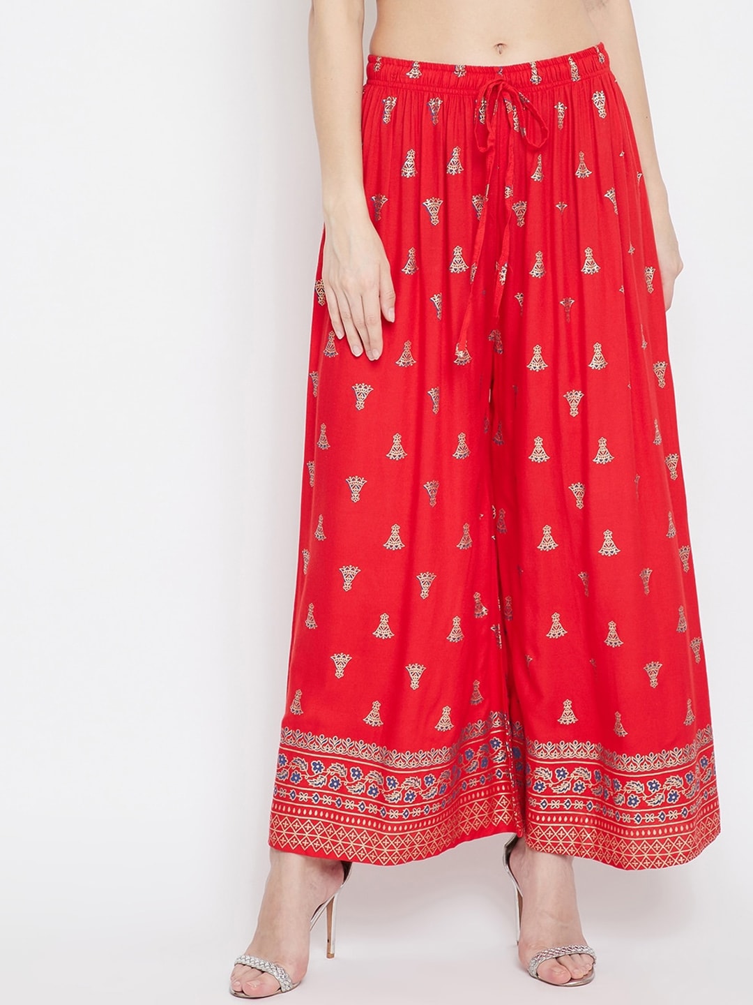 Clora Creation Women Red & Gold-Toned Printed Flared Palazzos Price in India