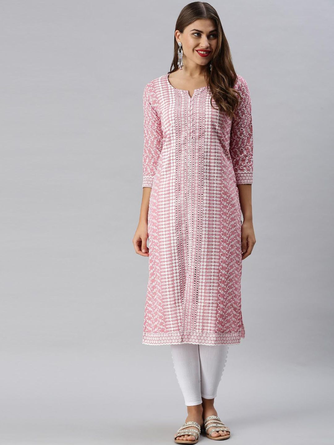 Soch Women Pink & White Geometric Embroidered Keyhole Neck Pure Cotton Kurta