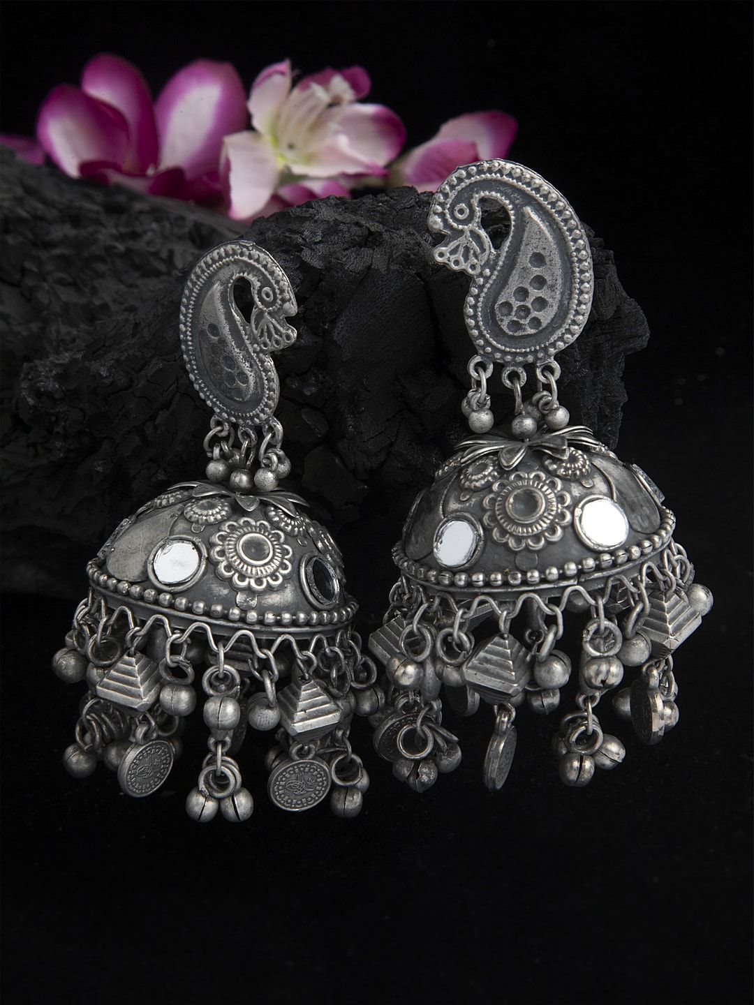 Moedbuille Silver-Toned Peacock Shaped Jhumkas Price in India