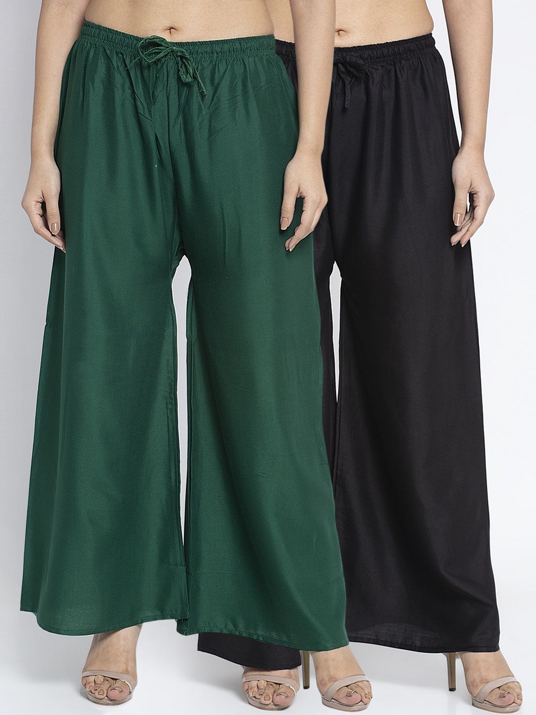 GRACIT Women Black & Green Solid Wide Leg Palazzos Price in India