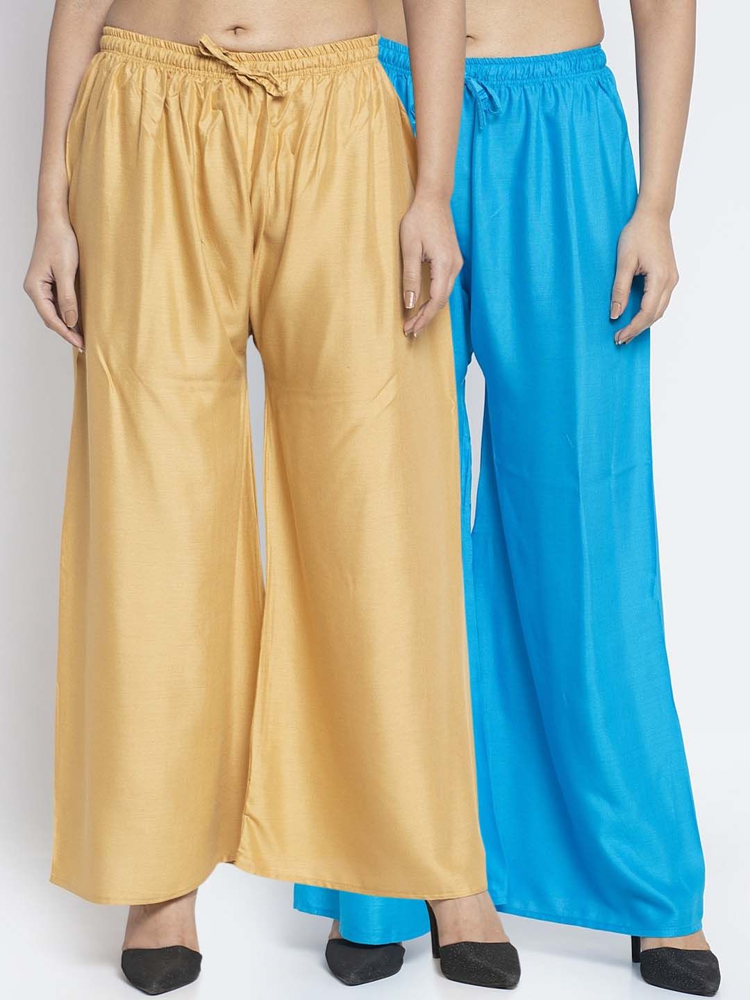 GRACIT Women Gold-Toned & Blue Solid Wide Leg Palazzos Price in India