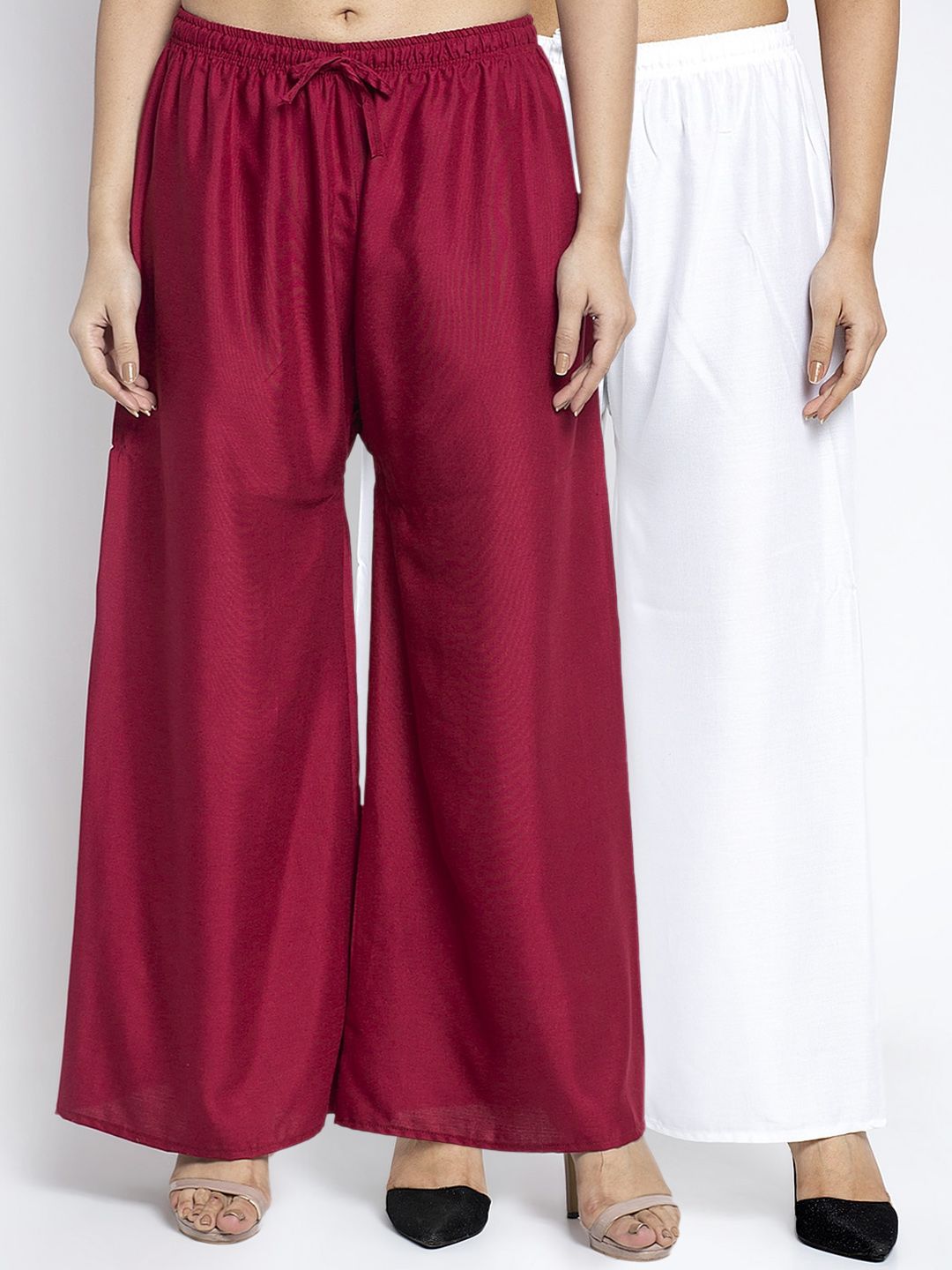 GRACIT Women White & Maroon Set of 2 Solid Wide Leg Palazzos Price in India