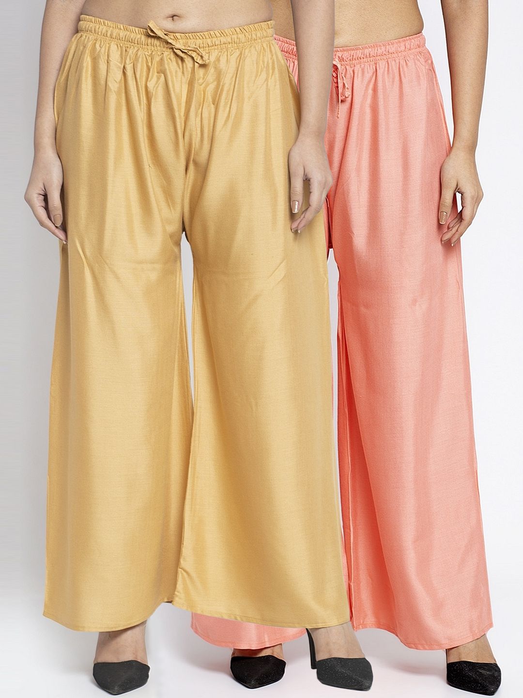 GRACIT Women Pack of 2 Peach-Coloured & Cream-Coloured Solid Flared Palazzos Price in India