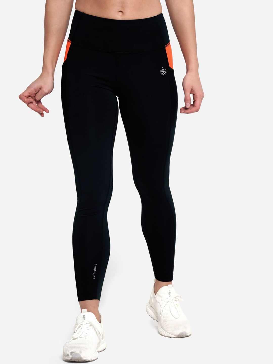 Cultsport Women Black & Orange Antimicrobial Fly Dry Absolute-Fit Tights Price in India