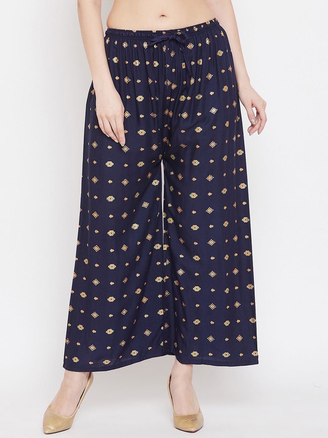 Clora Creation Women Navy Blue & Mustard Printed Straight Palazzos