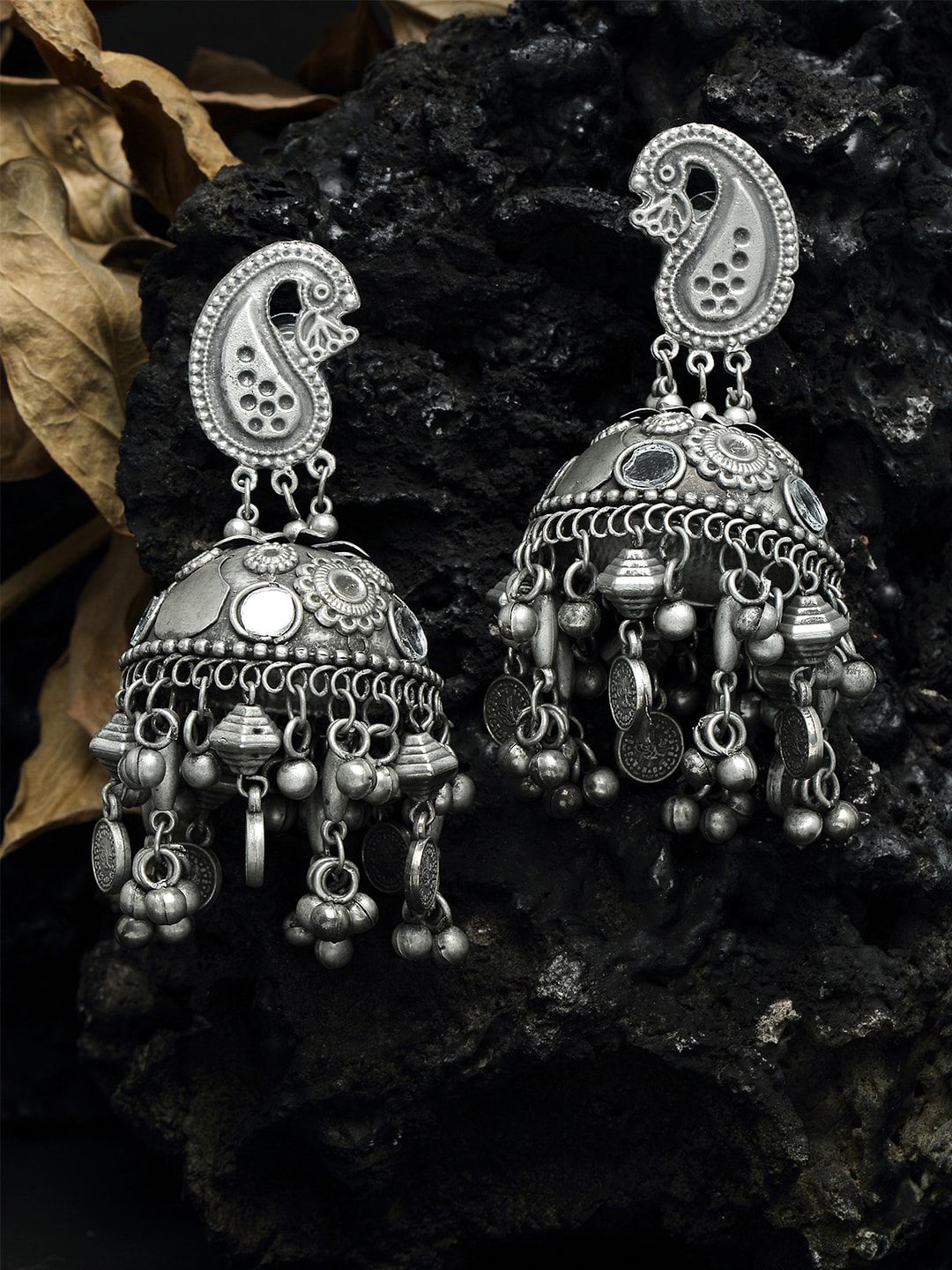 Moedbuille Mirror Studded Paisley Design Oxidised Silver Plated Handcrafted Tasselled Jhumkas Price in India