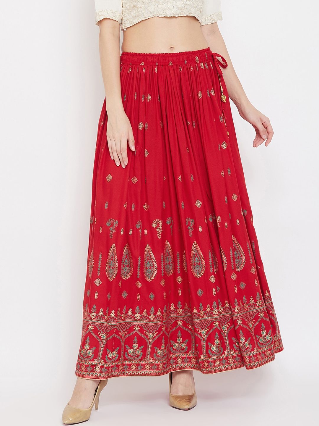 Clora Creation Women Red &Gold-Coloured Floral Printed Flared Maxi Skirt
