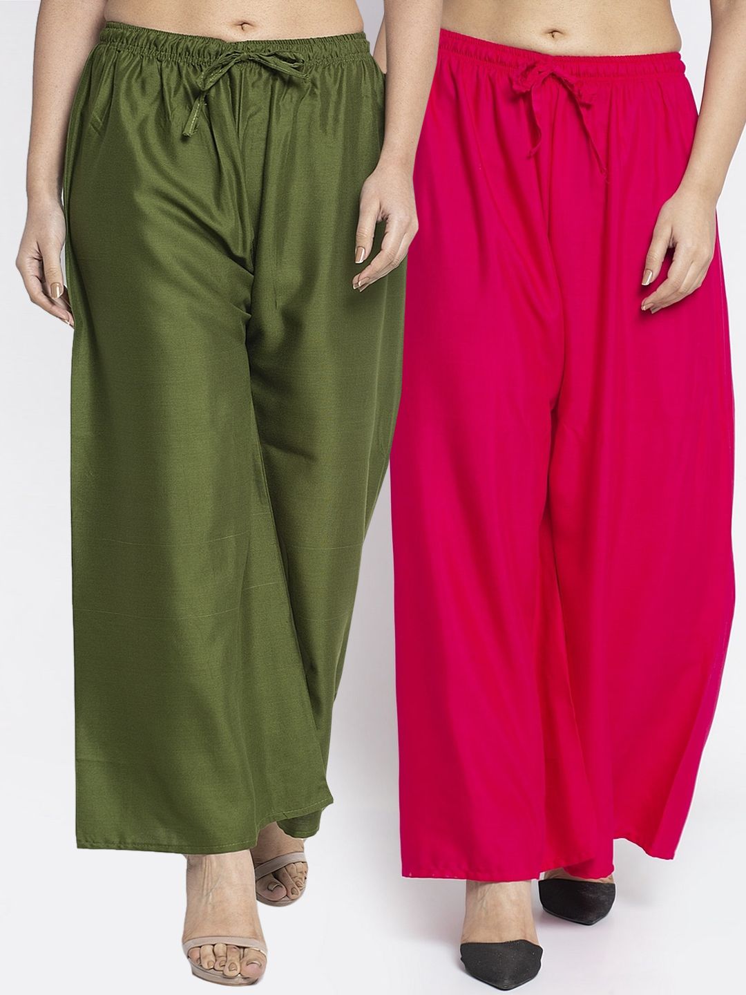 GRACIT Women Olive Green & Pink Solid Wide Leg Palazzos Price in India