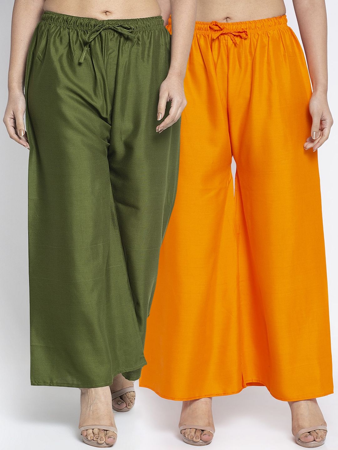 GRACIT Women Orange & Olive Green Solid Wide Leg Palazzos Price in India