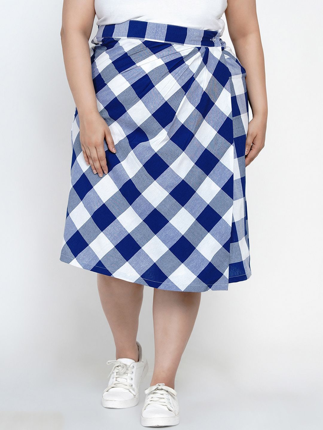 Fabnest Curve Women Blue & White Checked Wrap Midi Skirt