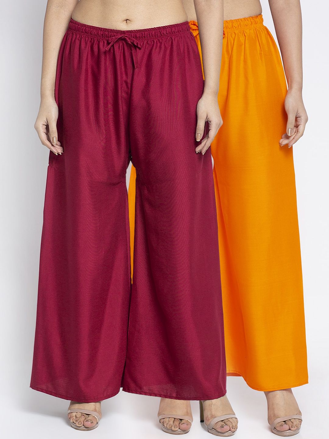 GRACIT Women Orange & Maroon Solid Wide Leg Palazzos Price in India