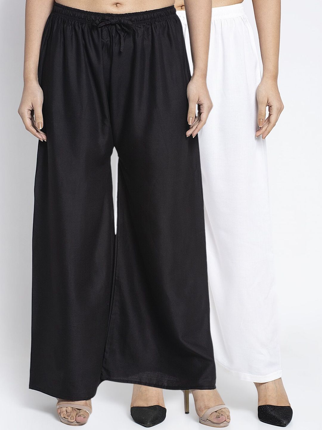 GRACIT Women Black & White Set of 2 Solid Wide Leg Palazzos Price in India