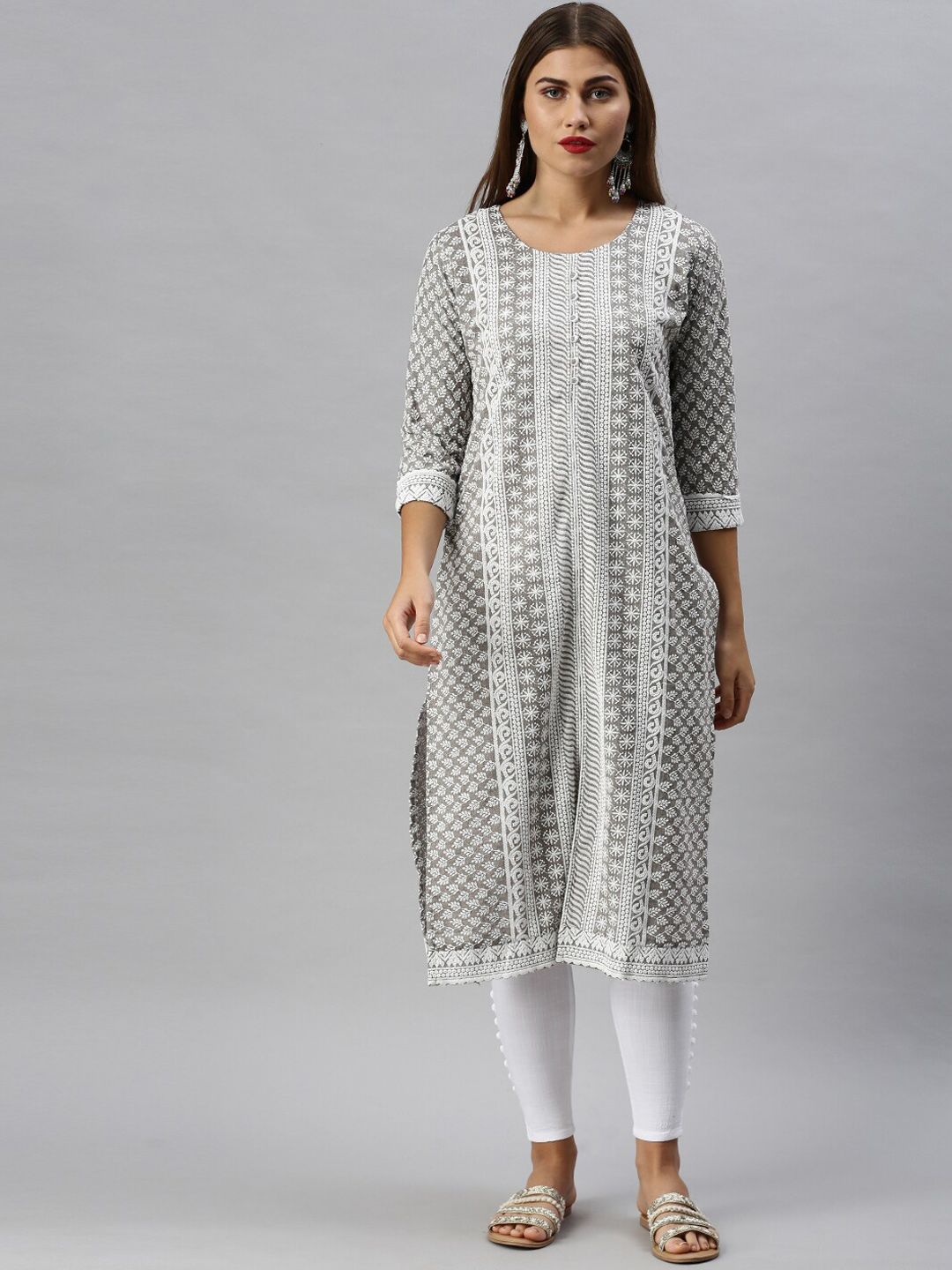 Soch Women Grey & White Ethnic Motifs Embroidered Kurta