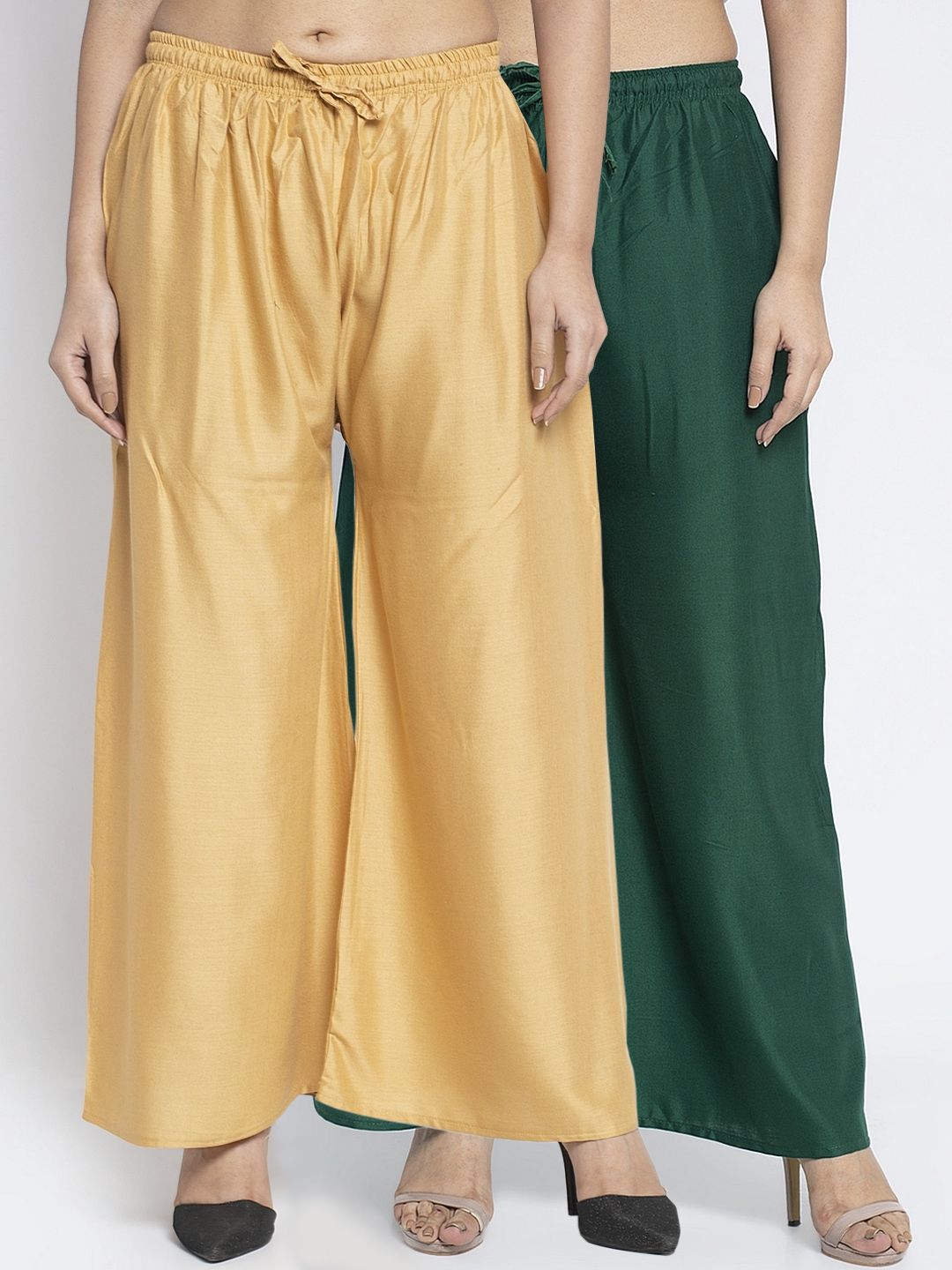 GRACIT Women Pack of 2 Beige & Green Solid Flared Palazzos Price in India