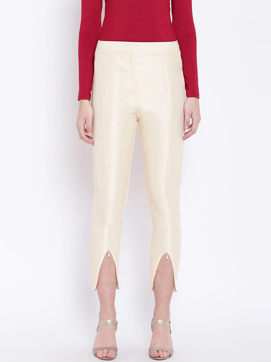 RIVI Women Beige Slim Fit Solid Cigarette Trousers Price in India